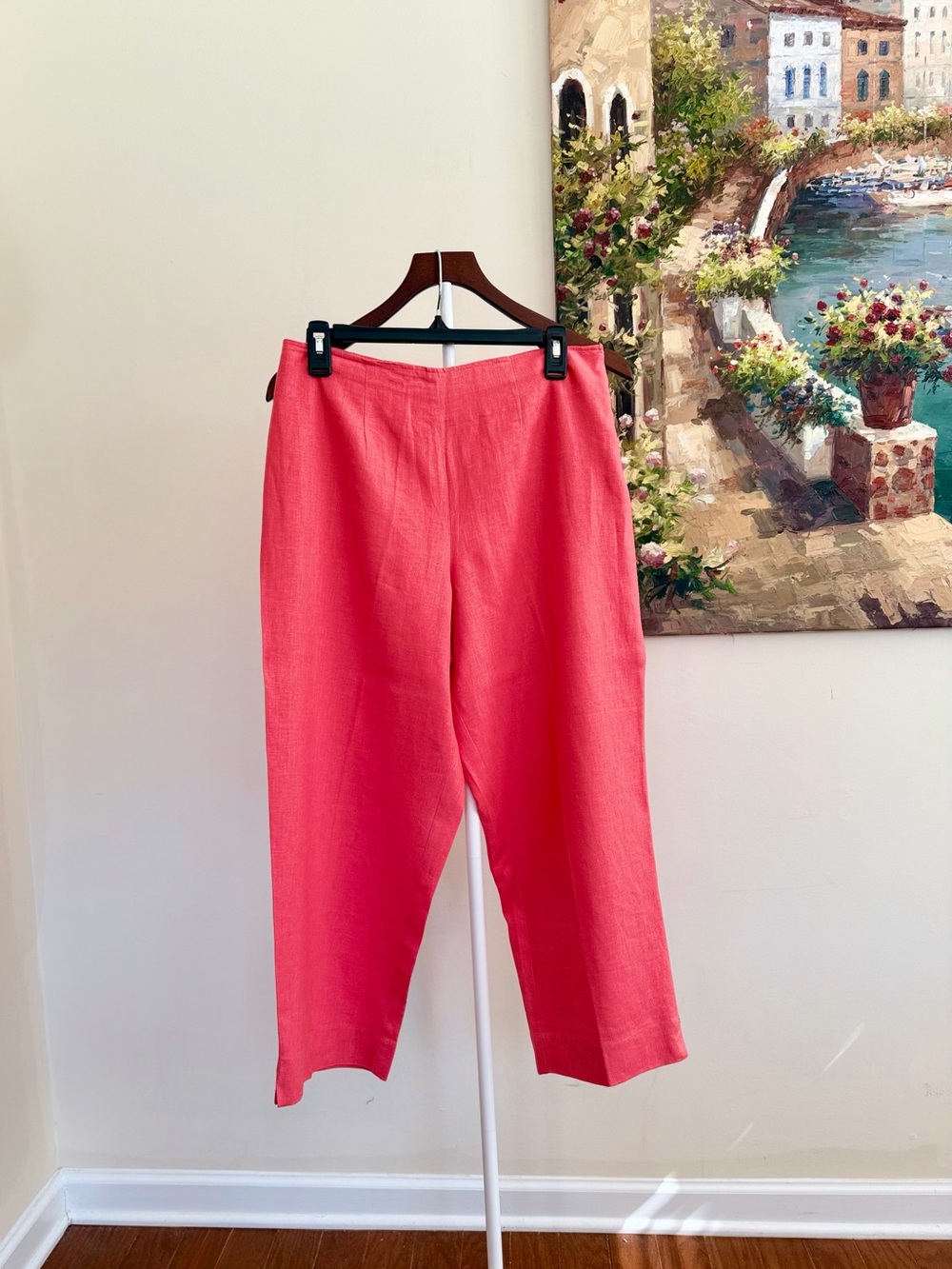 Bright Coral Linen Blend Ankle Pants Women’s Size 10 Summer Travel Resort Pants